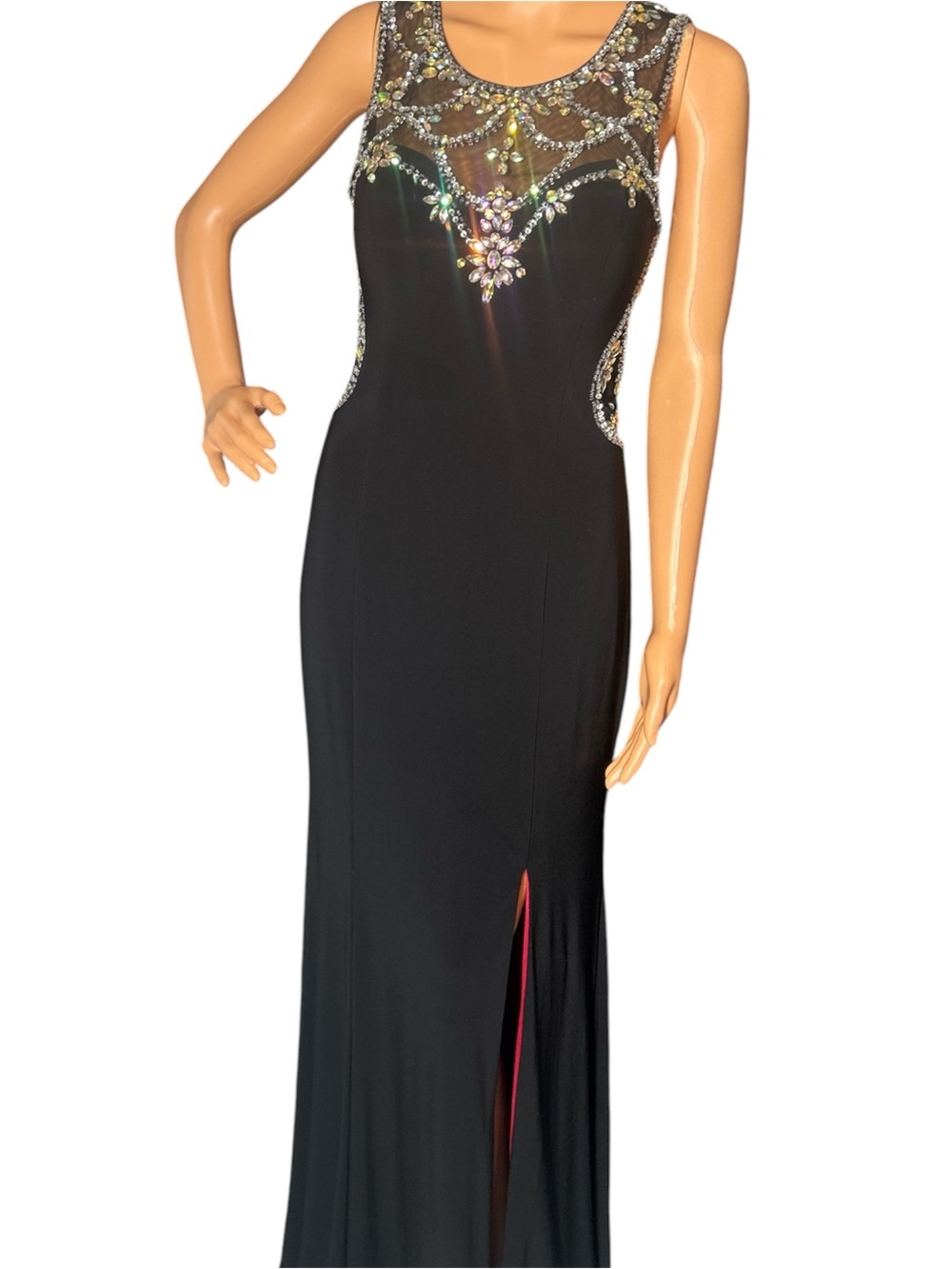 Adam Black Evening Gown with Pink Lining and Crystal Embellishments - Picture 6 of 8